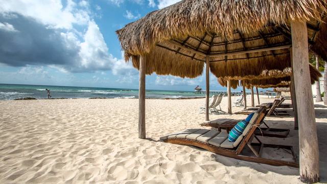 Loungers beneath palapas on a white-sand beach